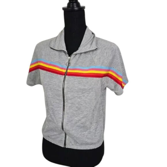 Rainbow Stripe Zip Up Top Small | Retro Y2K Sporty Festival Layer - Picture 3 of 11